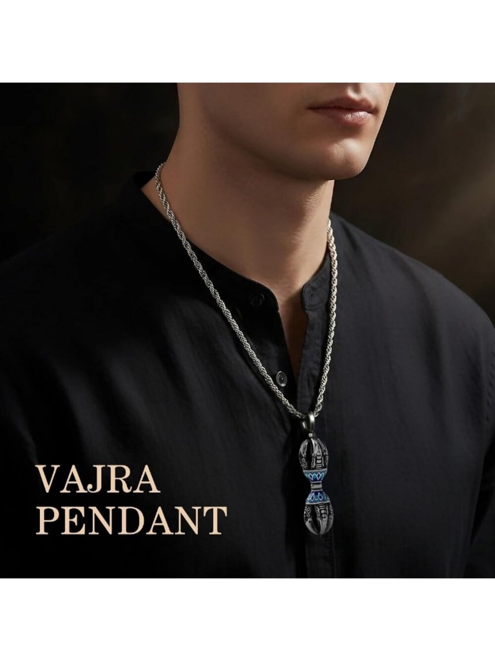 Men's Tibetan Vajra Necklace | Silver Dorje Pendant, Adjustable Rope Chain - Picture 3 of 8